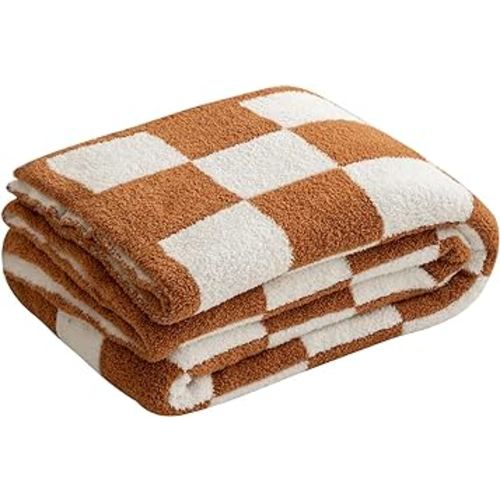 Checkered Throw Blanket - Soft Cozy Breathable All Seasons Plaid Blanket Gingham Home Decor for Couch and Bed - Throw Size 51"x63", Light Tan