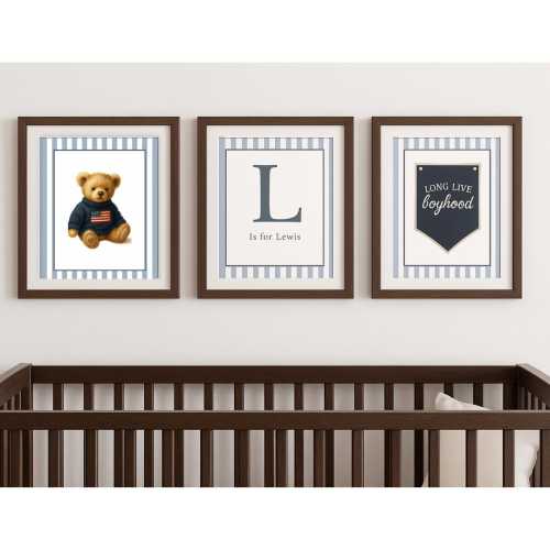Classic Boy Nursery Wall Art - Blue Stripe, Ready to Frame | Vintage Teddy Bear, American Flag, Initial Print | RL Inspired Decor