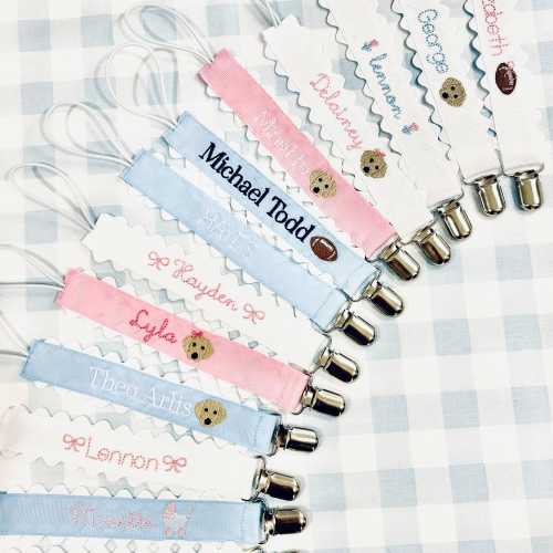 Monogrammed Pacifier Clip | Personalized embroidered paci holder | Baby pacifier clip with ricrac trim | Personalized baby gift