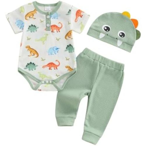 Baby Boy Dinosaur Outfits Short Sleeve Romper Button Down Shirt Waffle Trousers Cute Hat Nebworn Infant Fall Clothes