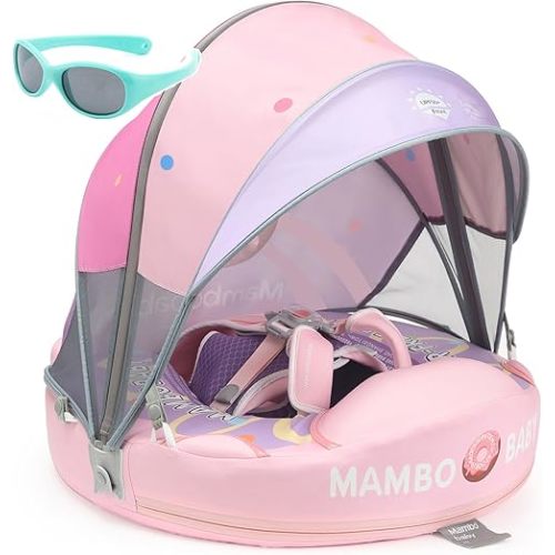 Mambobaby Float with Canopy and Tail New Upgraded Non-Inflatable Baby Pool Float Mambo Float Swim Trainer Solid Infant Swim Float Adjustable Pearl Foam Baby Swim Ring