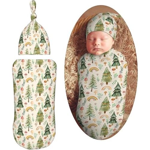 Watercolor Tree Rainbow Mushroom Newborn Swaddle Blanket with Beanie Hat Set Soft Receiving Blankets Baby Swaddle Wrap for Baby Boys and Girls