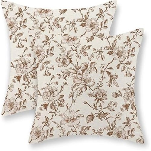 Brown Floral Pillow Covers 18x18 Set of 2 Brown and Cream Chinoiserie Floral Decorative Throw Pillows Vintage Rustic Toile Flower Pillowcase Outdoor Decor Linen Cushion Covers for Couch Sofa
