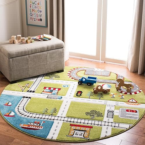 SAFAVIEH Carousel Kids Collection Area Rug - 5'3" Round, Green & Ivory, Non-Shedding & Easy Care, Ideal for High Traffic Areas for Boys & Girls in Playroom, Nursery, Bedroom (CRK192Y)