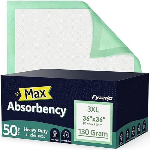 50 Count Hospital Grade 130 Gram 36” x 36” Max Absorbency Disposable Underpads, Leakproof Quick Drying XXXL Bed Pads Disposable Adults, Toddler Mattress Pads, Incontinence Pads, Pee Pads Chux