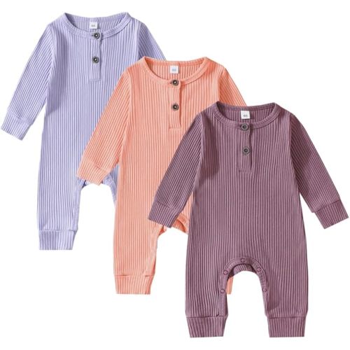 Bafeicao Baby Boy Girl 2/3 Pack Solid Romper Ribbed Short/Long Sleeve Bodysuit Jumpsuit Infant Knitted Outfits Clothes - A Pink+light Purple+dark Purple - Newborn