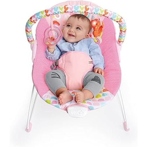 Bright Starts Baby Bouncer Soothing Vibrations Infant Seat - Removable -Toy Bar, Nonslip Feet, 0-6 Months Up to 20 lbs (Fancy Fantasy, Pink Unicorn)