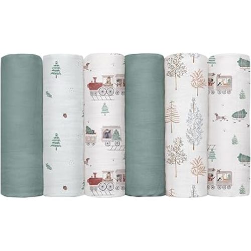 GLLQUEN BABY Receiving Blanket Boy Cotton Muslin Swaddle Blankets Girl Newborn Squares Breathable & Soft Thin Baby Blankets Cloths Double Absorbent Infant Swaddling Wrap - 6 Pack (Pine Tree & Train)