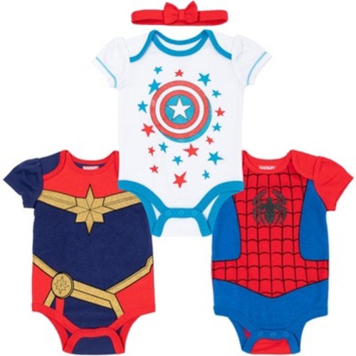 Marvel Avengers Captain Captain America Spider-Man Baby Girls Cuddly Short Sleeve Bodysuit and Headband Captain Marvel, Captain America, Spider-Girl, Size: 0-3 months
