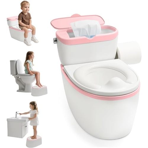 3-in-1 Toddler Potty Training Toilet - Realistic Toddler Toilet with Flushing Sound & Paper Holder | Removal Potty Training Seat | Kids Potty as Stool for Boys and Girls