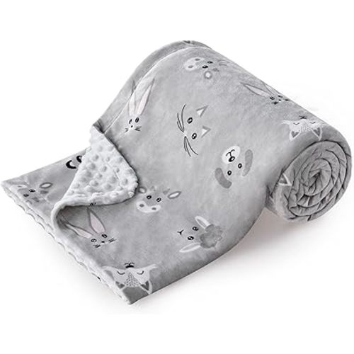 DaysU Silky Micro Soft Plush Baby Blankets Unisex with Print Animal Pattern and Soothing Raised Dots, Double Layer Bed Throws for Toddler Cot, Animal Faces, Grey, 50x60 Inches