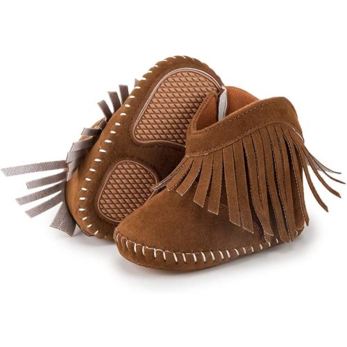 Meckior Baby Girls Cowboy Tassel Boots Side Zipper Moccasins Soft Bottom Non-Slip Toddler Shoe - 0-6 Months Infant - A01/Brown With Rubber Sole