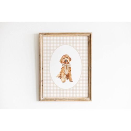 Golden Doodle Nursery Decor, Watercolor Dog Print, Neutral Nursery, Boy Gingham Wall Print, Tan Beige Bow Art, Girl Doodle Nursery Decor