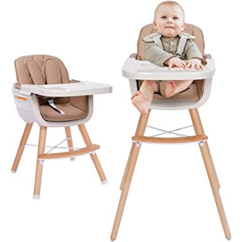 3-in-1 Convertible Wooden High Chair,Baby High Chair with Adjustable Legs & Dishwasher Safe Tray, Made of Sleek Hardwood & Premium Leatherette, Brown Color