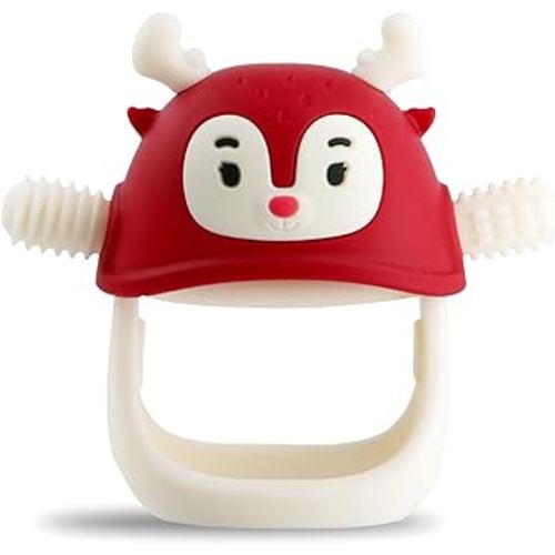 Smily Mia Never Drop Reindeer Silicone Baby Chewing Toy for 3M+ Infants, Easy to Hold Teething Miteen with Soft Textures for Sensory Exploration and Teething Pain Relief-Christmas Red