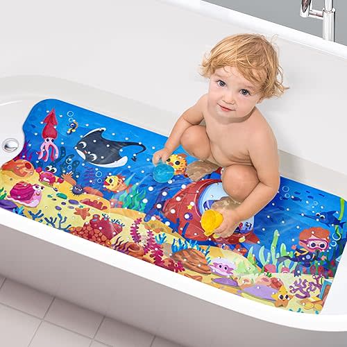 Bath Mats for Tub Kids - Large Cartoon Non-Slip Bathroom Bathtub Kid Mat for Baby Toddler Anti-Slip Shower Mats for Floor 40x16,with Drain Holes and Suction Cups Machine Washable, Boy - Submersible