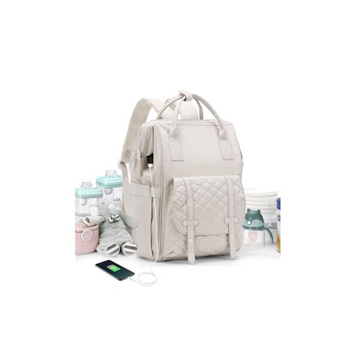Diaper Bags Backpack Baby Bag for Mom Dad Baby Girls Boy, Cute Mult Diaper Nappy Bag Travel Back Pack, Water Repellent Maternity Changing Bag Baby Stuff with USB Charging Port Off White 1642