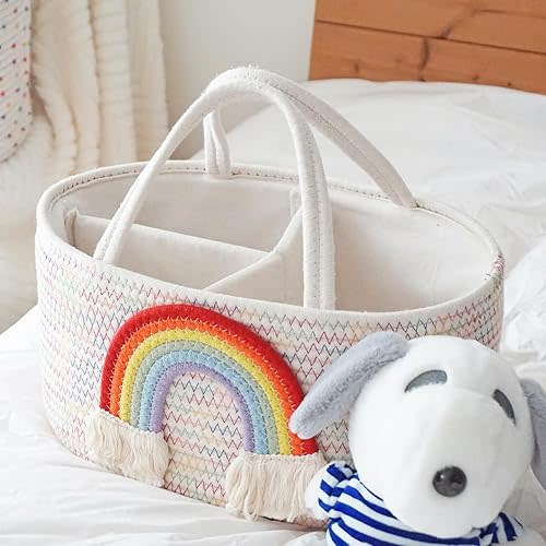 Diaper Caddy Organizer Cotton Rope Nursery Baskets Storage for Baby Shower Gifts Newborn Essentials Changing Table Organizer, Diaper Baskets with Tassels Decor