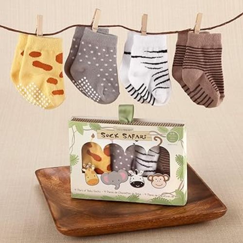 Baby Aspen, "Sock Safari" Four-Pair Animal-Themed Baby Socks Set, 0-6 Months