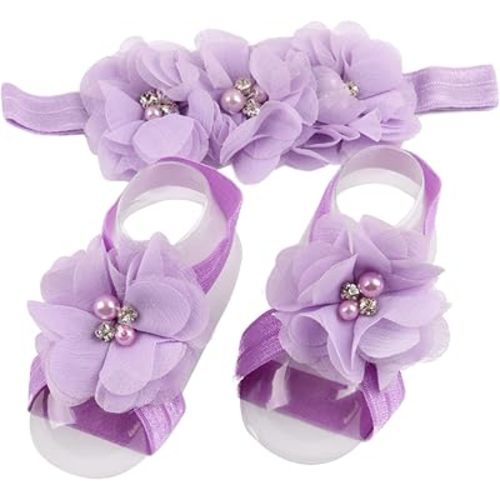 Baby girls infant crochet butterfly headbands and knitted flower barefoot sandals.(BBFJ3) (Lavender)