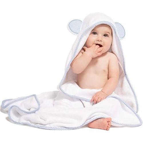 Fishers Finery Bamboo Viscose Baby Hooded Bath Towel & Washcloth Set - Unique Mitten Design (Blue)