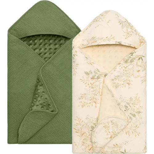 Baby Bath Towels for Newborn 100% Muslin Cotton and Minky Dot Fabric Neutral Hooded Baby Towels Set 2 Pack for Boys Girls Ultra Soft and Absorbent 30 x 30 Inch Green & Plant