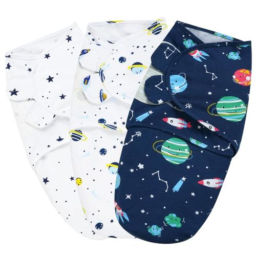 PHF 100% Cotton Swaddle Sleep Sacks for Newborn, 3 Pack 0-3 Months for Boys and Girls, Easy Adjustable Blanket Wrap, Baby Essentials (Space)