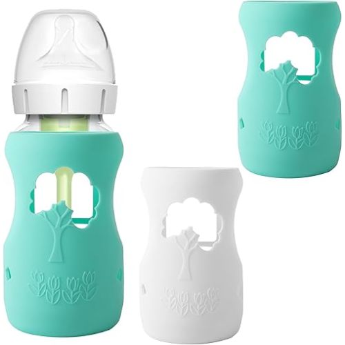 (2-Pack, 9 oz) Silicone Baby Bottle Sleeves Compatible with Dr. Brown's Natural Glass Baby Bottles Dishwasher-Safe Anti-Colic Baby Bottle Covers for Dr. Brown Wide-Neck Glass Baby Bottles