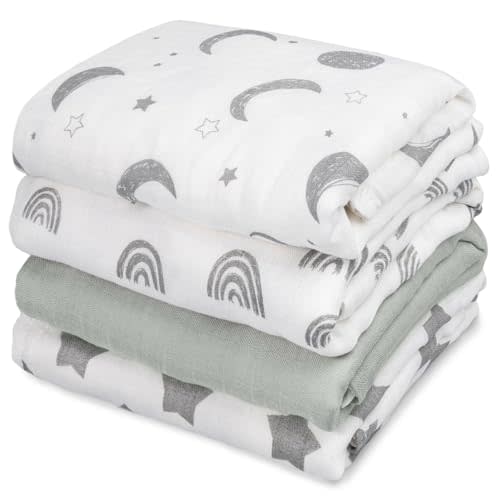 GLLQUEN BABY Muslin Swaddle Blankets 4-Pack Breathable Receiving Blankets (35" x 40") Soft Baby Blankets for Girls and Boys Newborn Essentials Muslin Burp Cloths Swaddle Wrap Baby Gift (Star)