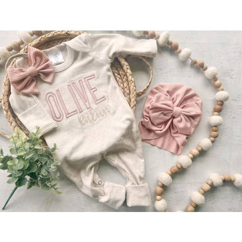 Baby Girl Coming Home Oufit Personalized oatmeal and blush vintage stitch girl romper with bow or turban, baby shower gift custom baby name