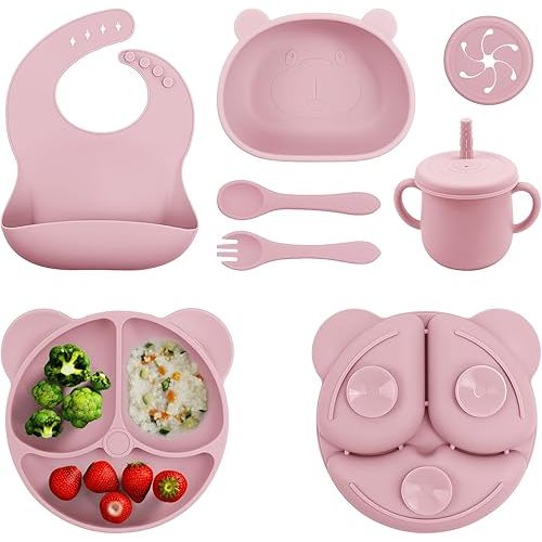 Baby Led Weaning Supplie，Silicone Baby Feeding Set with Suction Plate and Bowl，Toddler Self Feeding Essentials with Spoons Forks Bib Sippy Cup，Eating Utensils for 6+ Months (10 Pcs)