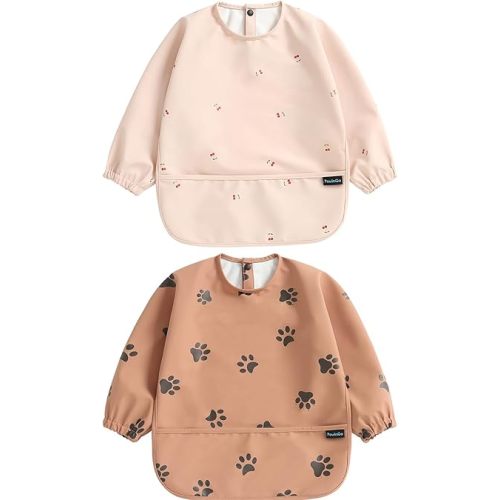 PewinGo Weaning Bib with Long Sleeves 2PCS & BLW, Soft and Skin-Friendly Material, Coverall Bibs for Baby Feeding, Waterproof and Easy to Clean & Machine Washable, for Baby Infant Toddlers
