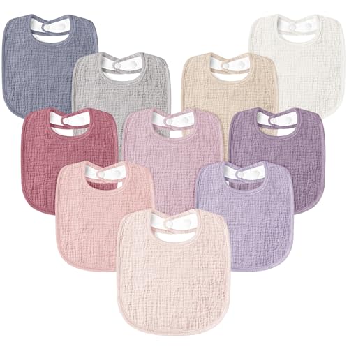 Susurration Muslin Baby Drool Bibs 10Pack Soft Square Adjustable Bandana Bibs for Unisex Newborn Baby Girls&Boys