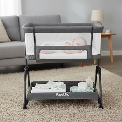 Papablic Baby Bassinet, Bedside Bassinet for Baby with Four-Sided Breathable Mesh & Soft Mattress, Adjustable Bassinet Bedside Sleeper with Storage Basket and Wheels, Easy to Assemble, Gray