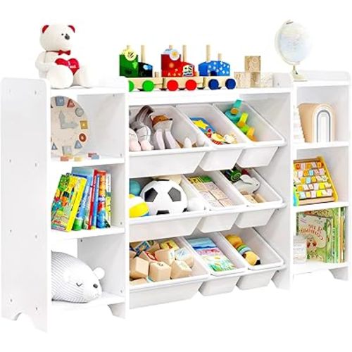 MallBest 4-Tier Kids' Toy Storage Organizer Shelf - 100% Solid Wood, Children's Organizer Cabinet with 9 Plastic Bins and 6 Storage Ports (White)