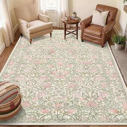 GarveeHome Pink and Green Vintage Floral Washable Rugs 5x7 for Living Room Boho Retro Botanical Rug Low Pile Stain Resistance Non Slip Carpet for Bedroom Nursery Dining Room