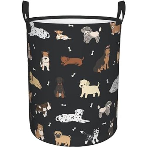 Cute Dogs Round Laundry Hamper Cartoon Puppy Animals Storage Basket Toys Clothes Organizer Bin For Home Bathroom Bedroom Dorm Nursery, 38l