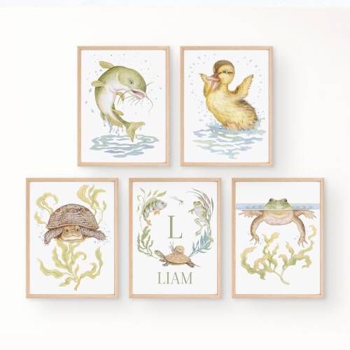 Custom Name Print Set of 5 Nursery Printable Neutral Pond Themed Baby Room Gallery Baby Animal Nursery Decor Fishing Themed Baby Shower Gift