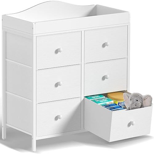 BOLUO Changing Table Dresser with 6 Fabric Drawers, Baby Dresser with Changing Table Top Diaper Changing Station with Storage for Nursery Modern