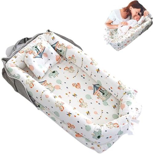 Baby Lounger for Newborn Portable Bag,Baby Nest Co Sleeping for Baby in Bed with Pillow,Newborn Lounger Adjustable Size & Strong Zipper Lengthen Space to 24 Months(Carousel)
