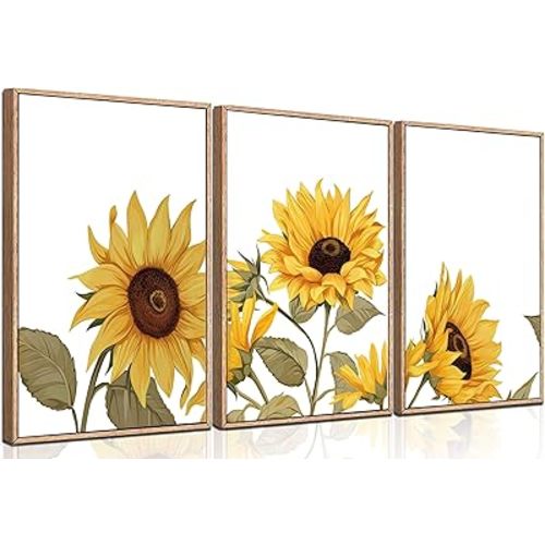 3Pcs Sunflowers Canvas Wall Art Modern Minimalist Yellow Botanical Floral Wall Decor Pictures Rustic Field Plant Flowers Posters Prints for Bathroom Gallery Living Bedroom Decoration Unframed