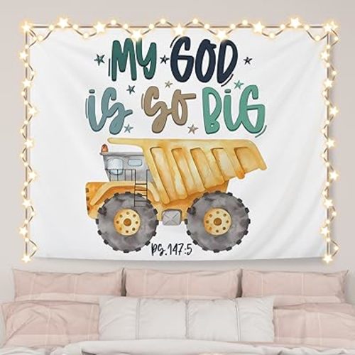 AQYIP Christian Nursery Tapestry Wall Hanging, Construction Decor for Boys Room Tapestry Decorative, My God is So Big Bible Verse Wall Blanket Decor for Kids Toddler Nursery Room Playroom, 50x60 Inch