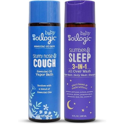 Oilogic Baby Vapor Bath Relief for Babies & Toddlers Bundle - 2-Pack (Slumber & Sleep, Stuffy Nose & Cough) - Baby Care Essentials for Tub Made with 100% Pure and Natural Blend of Essential Oils