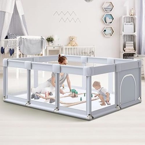 Baby Playpen 74"x50" Play Pens for Babies and Toddlers, Large Play Yards for Indoor & Outdoor with Zipper Gates, Breathable Mesh with Anti-Slip Base
