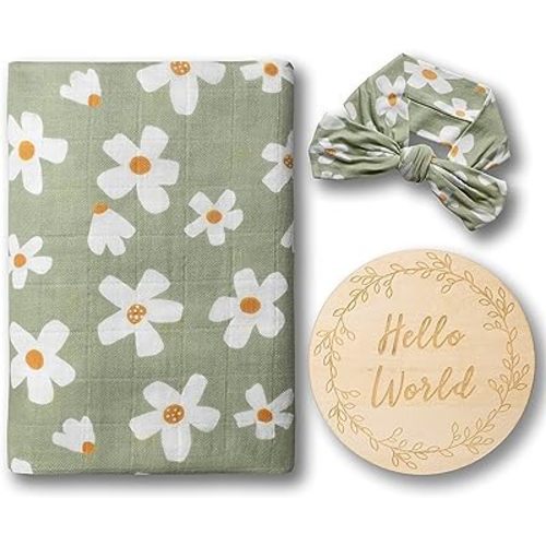 Miaoberry Daisy Garden Spring Floral Muslin Swaddle Set for Baby Girl|100% Organic Cotton Blanket with Matching Bow|Boho Indie Vintage Sage Green|Hospital Receiving Blanket