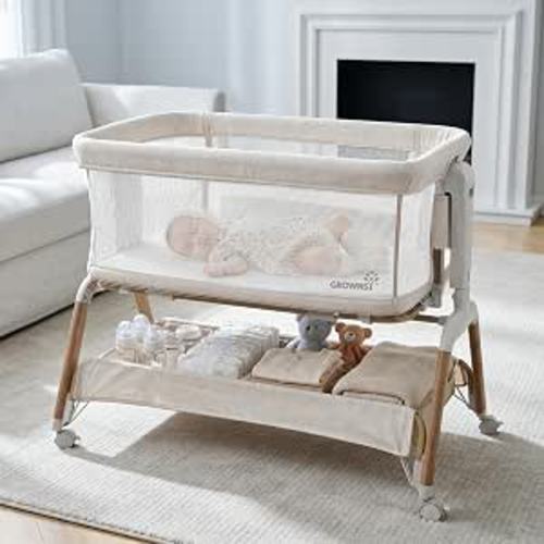 GROWNSY 5-in-1 Baby Bassinet Bedside Sleeper with Gentle Rocking Mode, 6 Adjustable Heights, Full Breathable Mesh, Convertible to Portable Crib, Bassinets with Mattress & Wheels, Beige