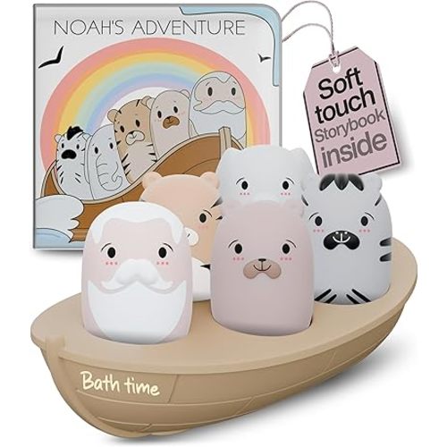 Noah's Ark Silicone Floating Bath Toy Set for Toddlers 18M+ Includes 7 Pieces Boat Animals and Waterproof Bible Storybook Educational Sensory Learning Nordic Color Design Montessori Faith Play