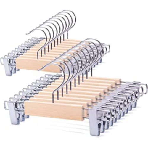 Nature Smile 20 Pack 10.2 Inches Unfinished/Natural Kids Baby Toddler Infant Children Solid Wooden Pants Skirts Hangers Wood Trousers Bottom Hangers with 2-Adjustable Clips 360° Stronger Swivel Hook