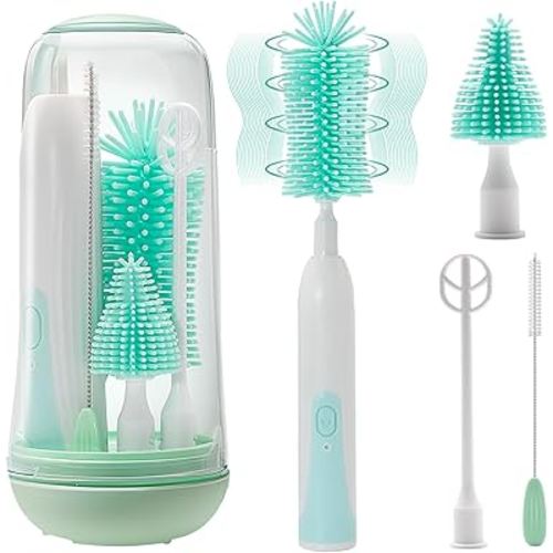 Electric Bottle Brush Cleaner, Rechargable Electric Baby Bottle Brush for Travel, Waterproof Electric Bottle Cleaner Set with Nipple & Straw Brush, Perfect Essentials Gift for Mom After Birth, Green