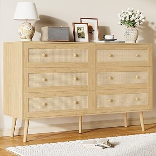 Rattan 6 Drawer Dresser for Bedroom, 47.3" Wide Dresser Chest of Drawers, Boho Wood Dresser TV Stand with Wood Handles, Storage Dressers Closet Organizer for Living Room Hallway, Natural Oak